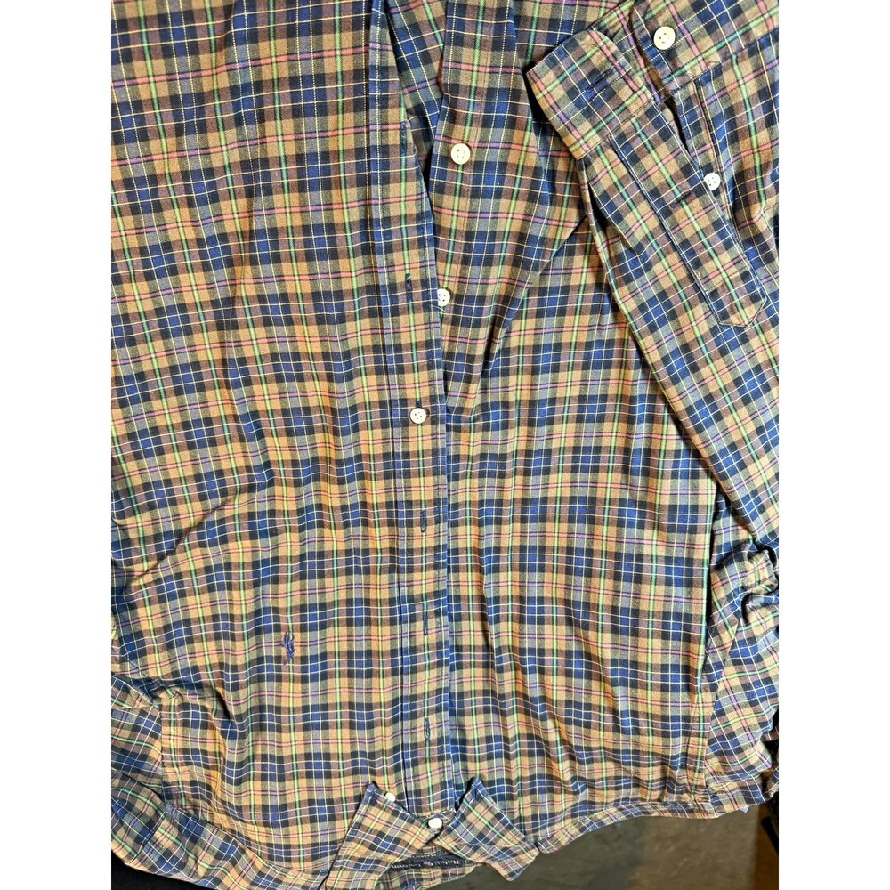 Ralph Lauren Men's XL Blue Tan Green Pink Plaid Long Sleeve Button-Down Shirt